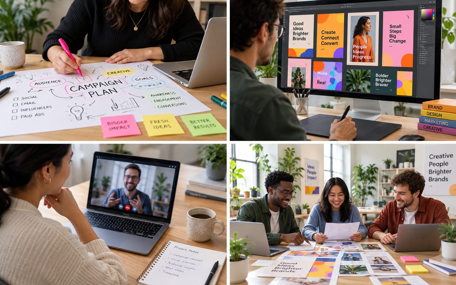 Creative team working together at a bright desk with laptops and printed ad drafts