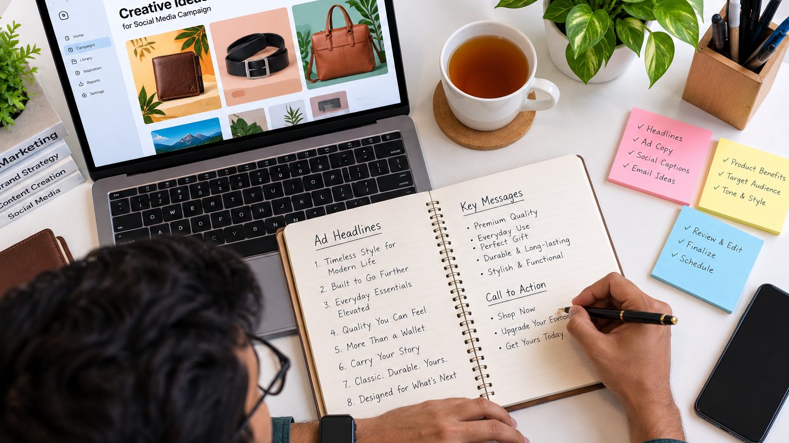 Copywriter drafting headlines in a notebook beside a laptop