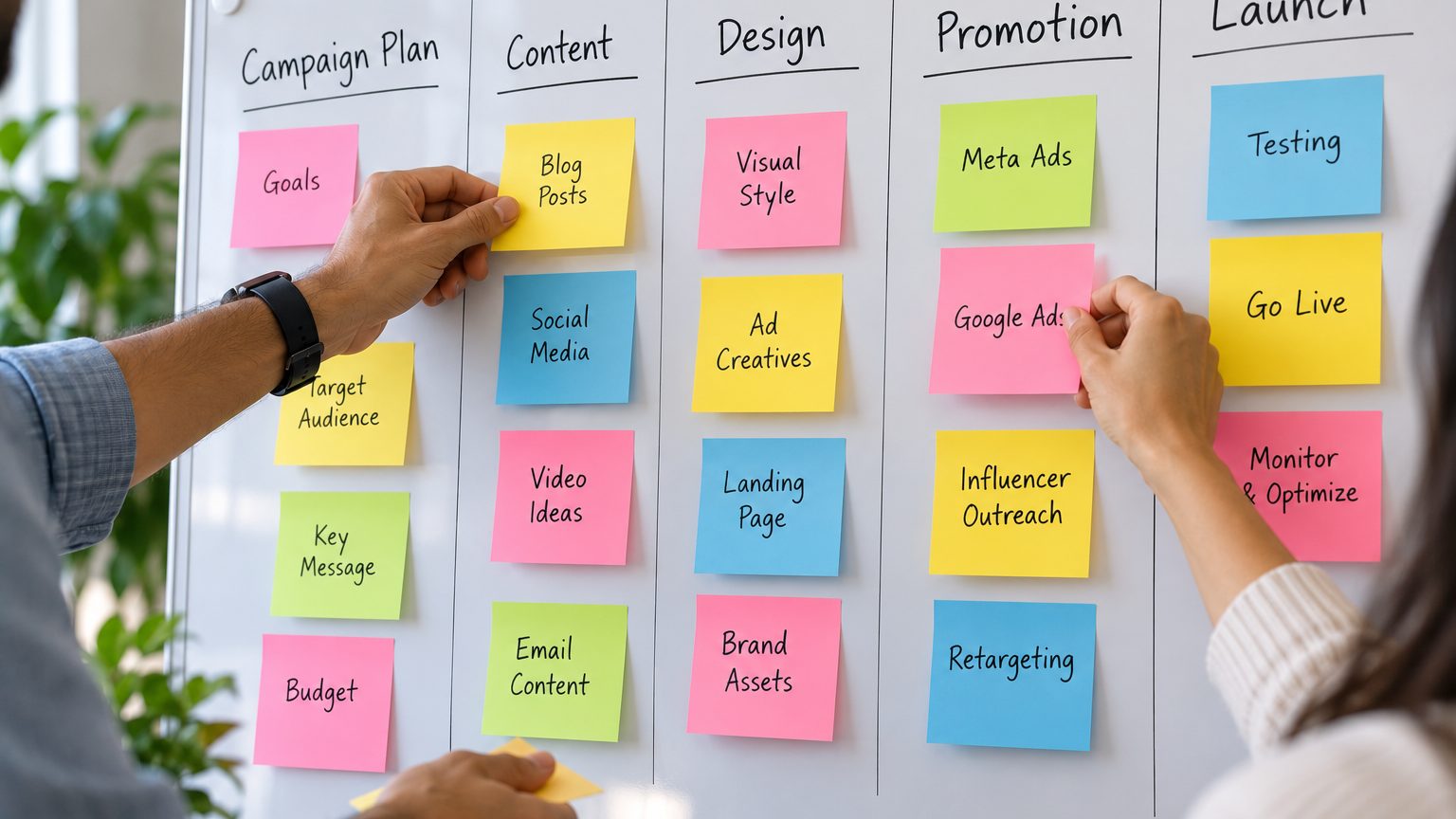 Hands arranging sticky notes for a campaign plan on a whiteboard