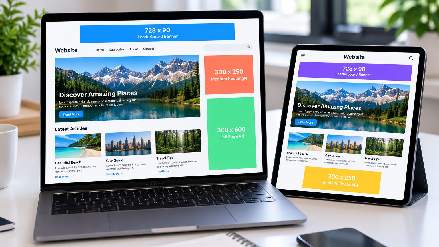 Laptop and tablet showing a website with banner ad spaces