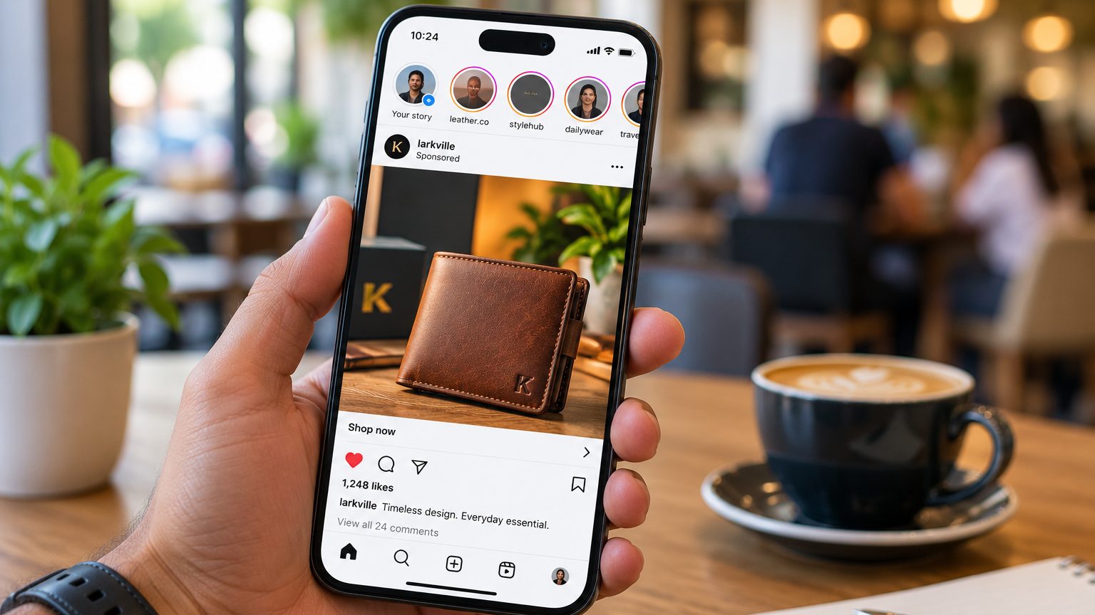 Smartphone showing a colourful product ad in a social feed layout