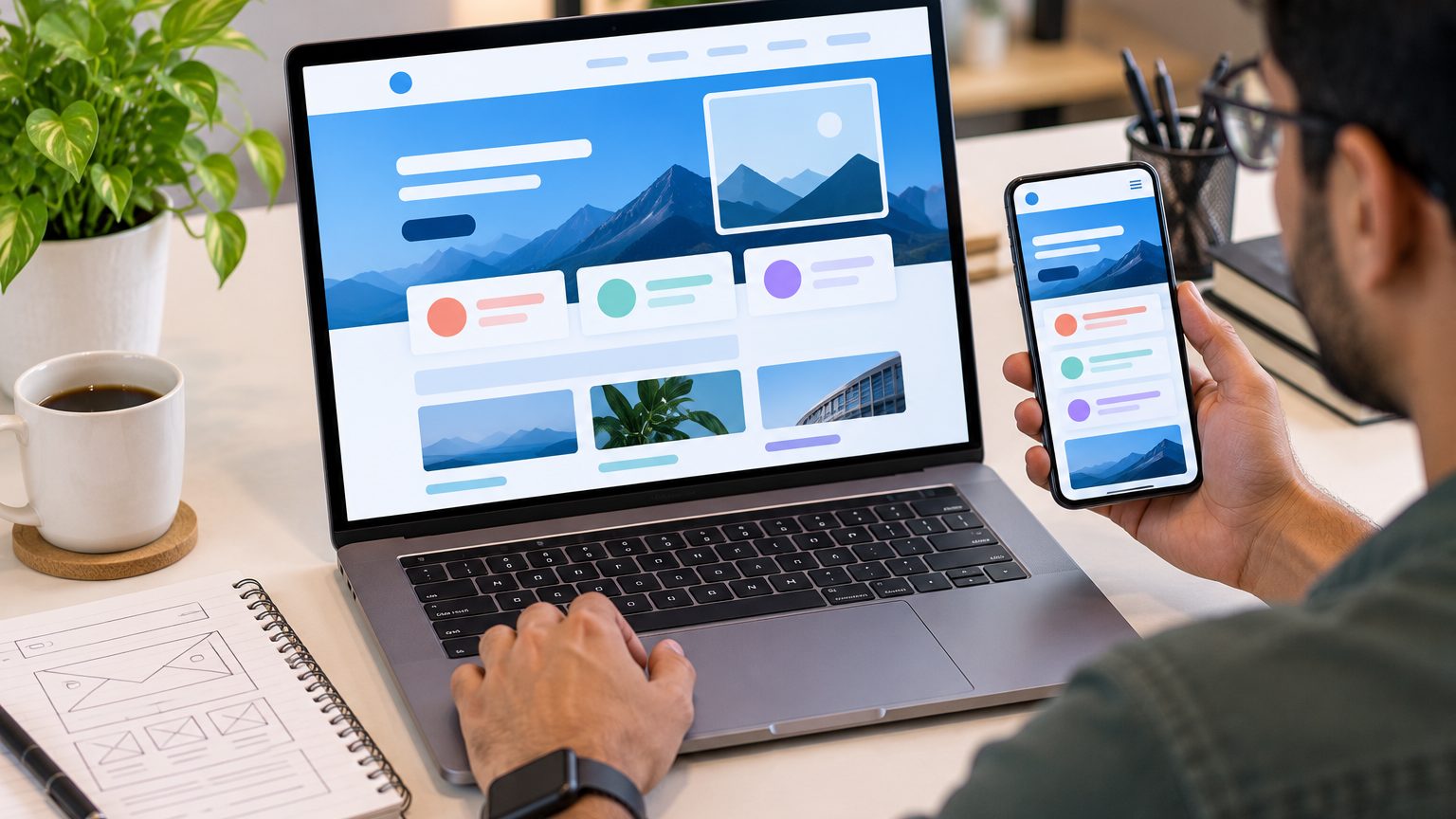 Web designer reviewing a responsive landing page on laptop and phone
