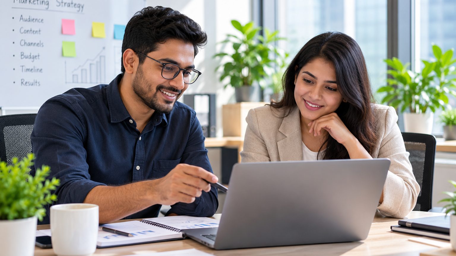 Business professionals in a bright meeting room looking at a laptop