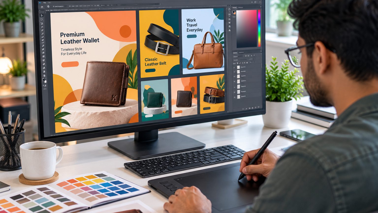 Graphic designer working on colourful ad designs with a drawing tablet